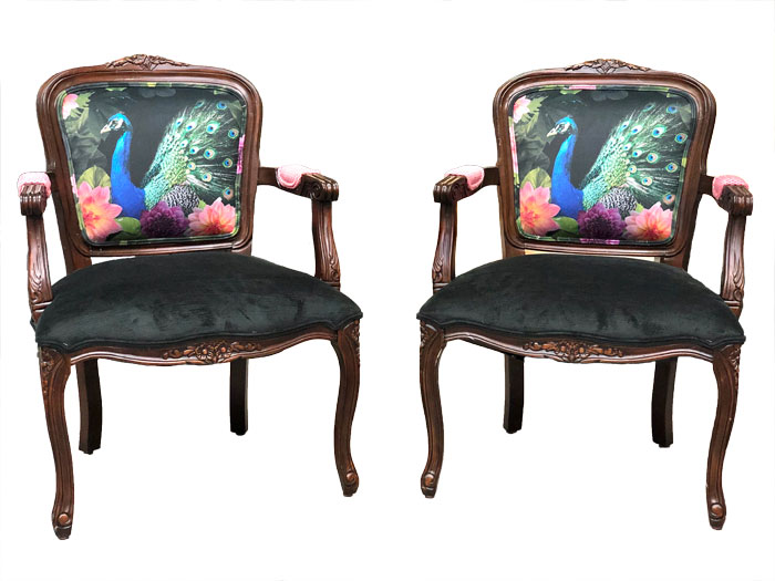 Pair of French Antique Peacock Upholstered Louis XV Style Chairs - The Upholstered House